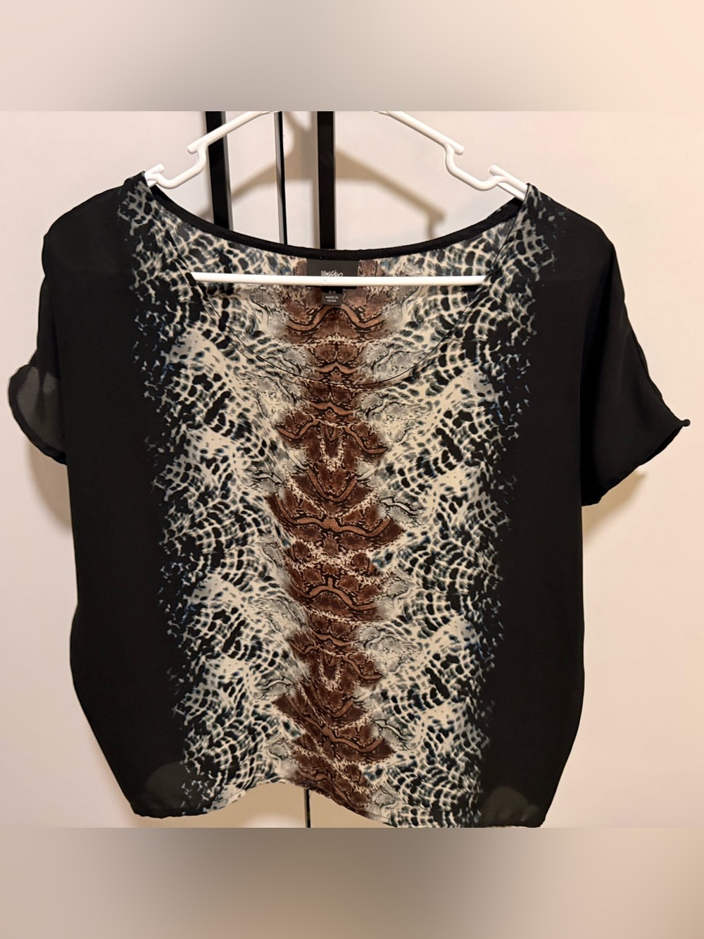 Valerie Stevens Black Blouse with Brown & Cream Animal-Inspired Center Panel